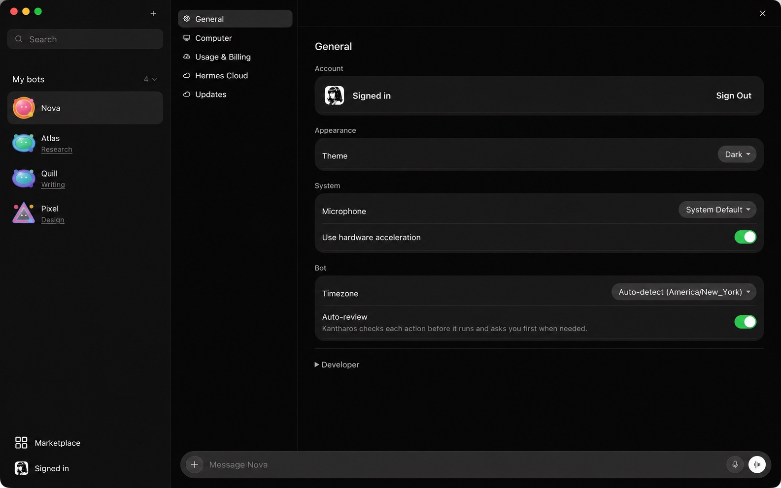 Kantharos dark Mac app with Nova, Atlas, Quill and Pixel in the sidebar and app preferences alongside them